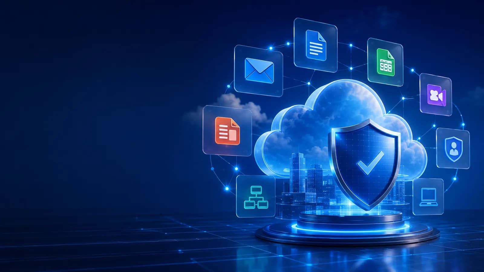 Illustration of a protective shield in front of a cloud, surrounded by business app icons for email, documents, and meetings.